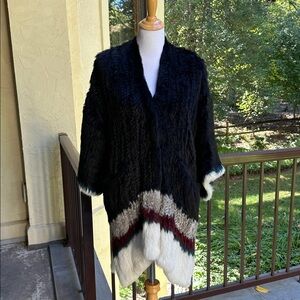 Elisabeth & James Fur Poncho, Black with white/grey/burgundy trim, size XS/S